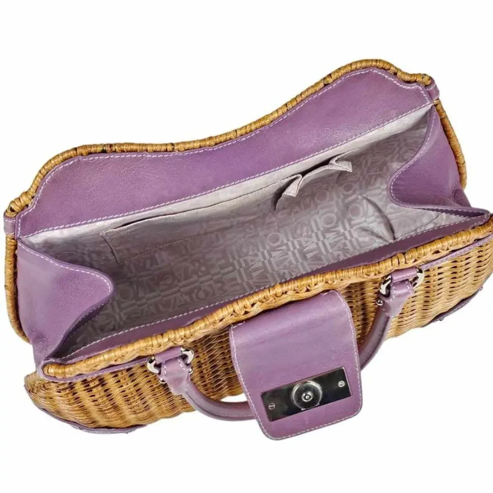 Salvatore Ferragamo Vintage Wicker & Purple Leather Gancini Top Handle Bag RARE - Picture 6 of 15